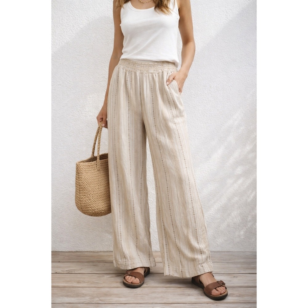 Briggs Women Linen Blend‎ Wide Leg Striped Smocked Waist Pants Tan Beige S Boho